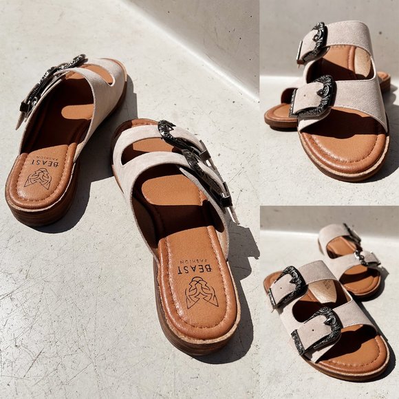 NEW Sand Faux Suede Western Metal Buckled Straps Slides Slip On Sandals Shoes - Picture 4 of 11
